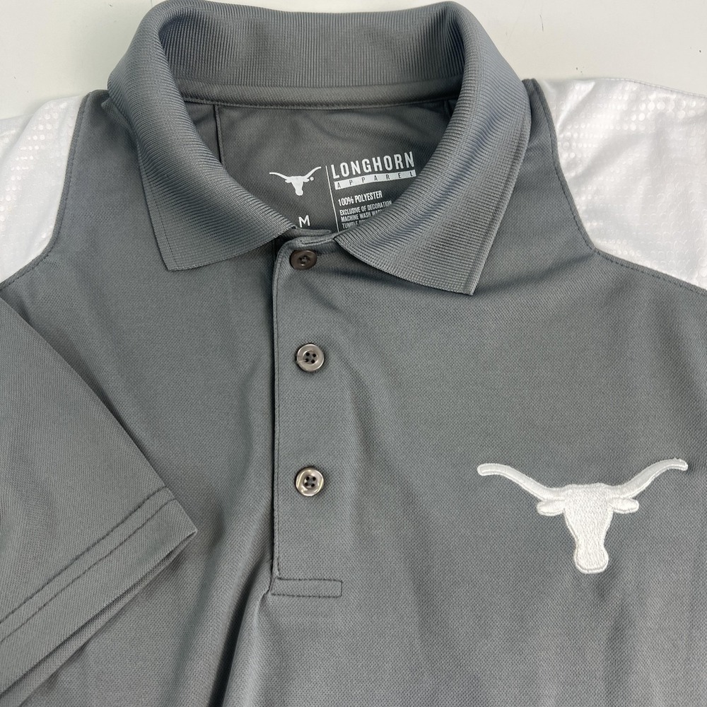 Texas Longhorns Polo Shirt Mens Medium Gray White Steer Logo Polyester Top